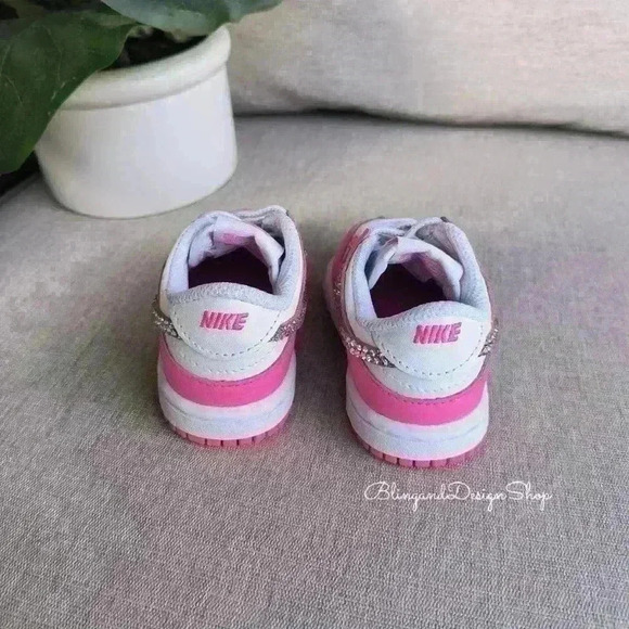 Bling Nike Girls Dunk Low Baby Toddler Pink Sneakers Shoes Custom with Crystals - Picture 6 of 8